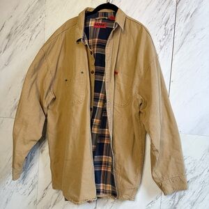 Wolverine Plaid Flannel Lined Tan Chore Coat Cotton Jacket Shacket SZ XXL